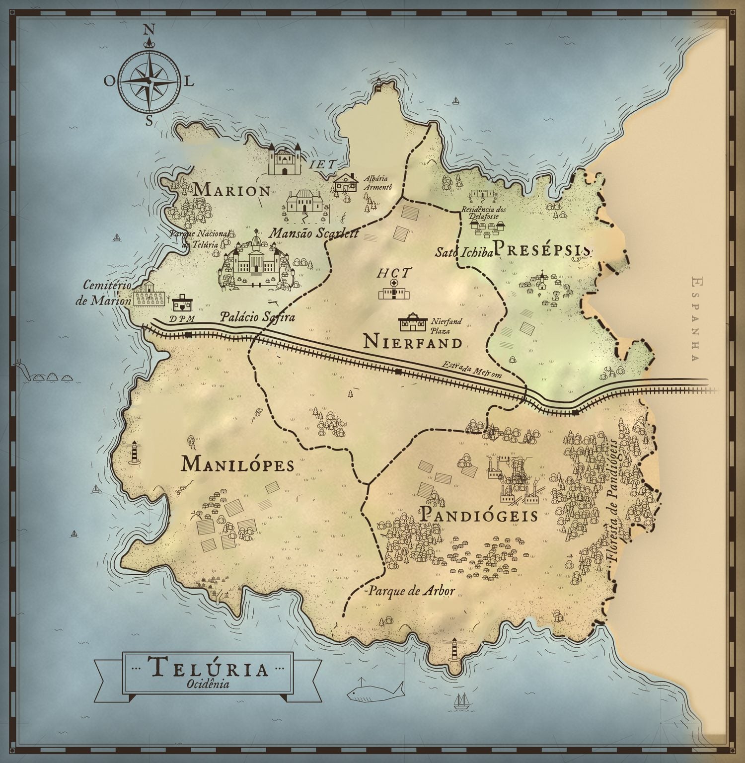 Mapa de Telúria com as cinco cidades
